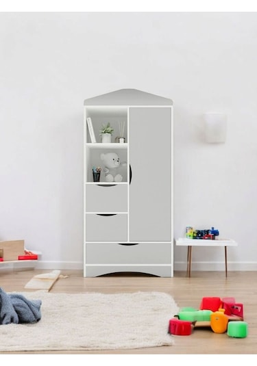 Floradesign Gardırop / Elbise Dolabı / Çocuk Genç / Raflı Ve Çekmeceli Gri Beyaz