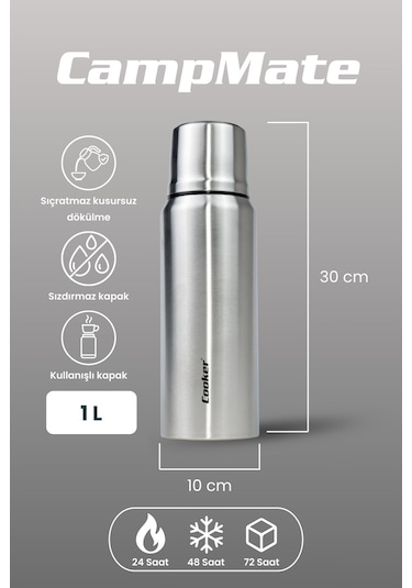 Cooker 1 Litre Çift Katlı Çelik Termos - 24 Saat Sıcak 48 Saat Soğuk Kamp, Outdoor, Piknik, Ofis, Otel, Kafe, Okul, Seyahat Çelik