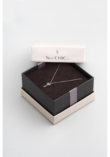 So Chic Aşk Anahtarı 18 Ayar Beyaz Altın Kaplama 45 Cm Gümüş Kolye Sarı