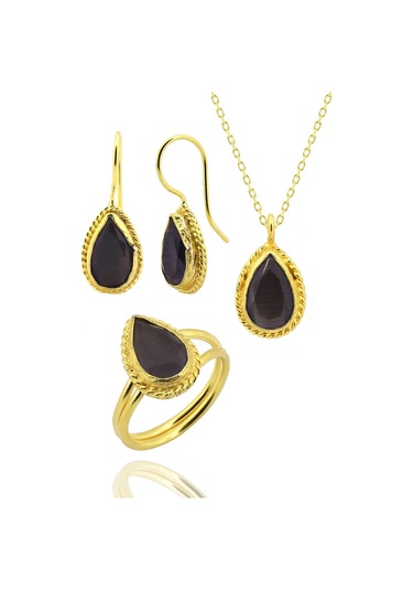 Beyisa Güneş Taşı Serisi Sarma Damla Kesim Siyah Oniks 22 Ayar Altın Kaplama Kadın Üçlü Set