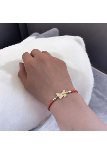 Feride İsmine Özel Kelebek Motifli 14 Ayar Altın Plakalı Turuncu Derili Hediye Bileklik-502isim Feride