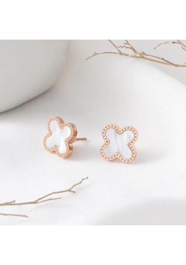 Beyaz Moda Solmayan Titanyum Çelik Dört Yapraklı Yonca Küpe Kadın Moda Basit Küpe Kıdemli Şans Duygusu Küpe Beyaz