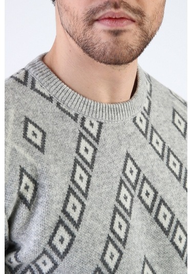 Ferraro A.Gri Kare Desenli %100 Kuzu Yünü Erkek Kazak Açık Gri