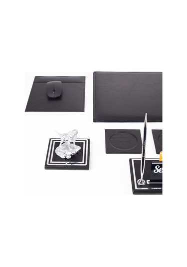 Opta 10 Parça Kurt Biblolu Siyah Deri Sümen Seti Takımı Gümüş Kalem Ofis Masa İsimliği Lüks İsimlik