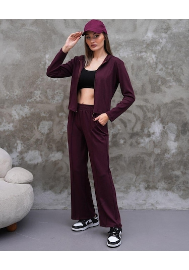 Elaxi Modal Kumaş Slim Fit Kapüşonlu İkili Takım Bordo