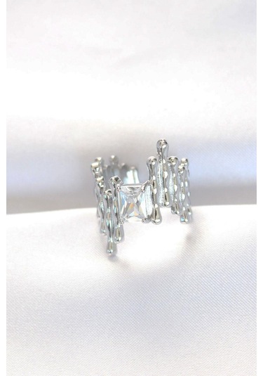 Silver Renk Tırtıklı Kalın Baget Taş Tasarım Ayarlanabilir Yüzük Gümüş