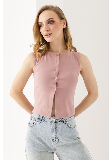 Giysa Kadın Bisiklet Yaka Düğmeli Fitilli Body Pembe - 25y 2457 Şeker Pembe