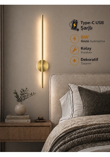 Flame Sarjlı Led Aplik 8w 3200k Gün Işığı 75cm Duvar Tipi /tablo Dekoratif Işık Gold