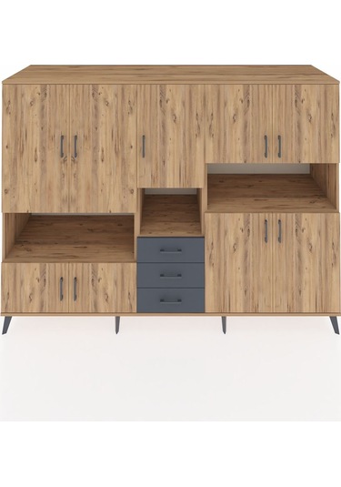 Kronos Dolap 13 Raflı 3 Çekmeceli 9 Kapaklı 220x59x163 Çam-çam/an Çam-çam/antrasit