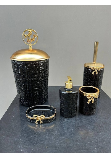 Lux Siyah Cam Yuvarlak Banyo Set Gold
