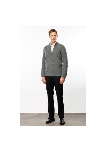 Erkek Dik Yaka Baklava Desenli Yün Ceket Füme Füme