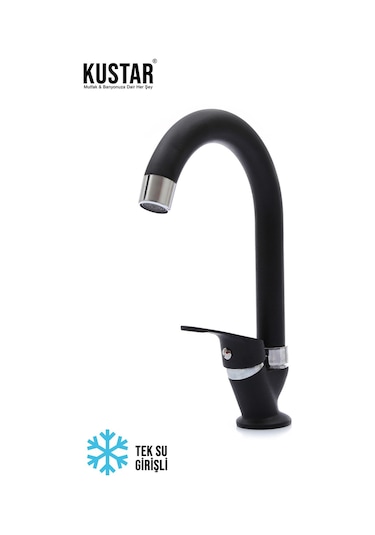 Kustar Tek Su Girişli Mat Siyah Mix Lavabo Bataryası Aç Kapa Musluk