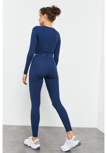 Tommy Life İndigo Uzun Kollu Dar Kalıp O Yaka Kadın Crop Top T-shirt - 97150 İndigo