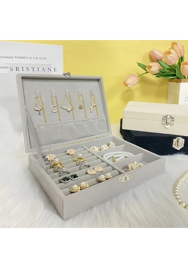 Elmpaly Beige Vintage Kumaş Mücevher Kutusu Yumuşak Kadife Astarlı Kilitlenebilir