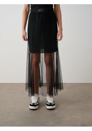 Kız Çocuk Tül Detaylı Astarlı Etek-14786 Siyah