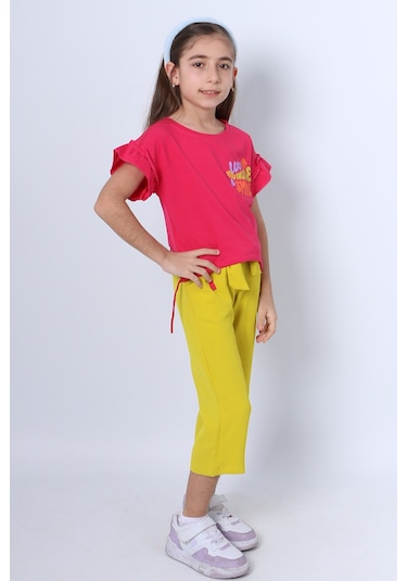Kız Çocuk İkili Takım Sırt Baskılı Püsküllü Kolları Fıfırlı F20 Fuşya