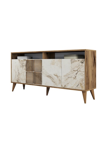 Milan 160cm Konsol - Ceviz / Beyaz Mermer