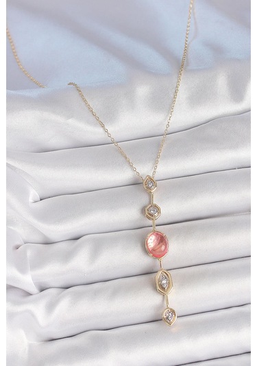 Pirinç Zincir Pembe Gold Renk Zirkon Taşlı Y Kolye Çok Renkli