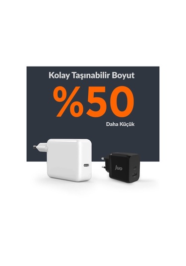 Juo 45W GaN USB-C + USB-A Şarj Aleti iPhone & iPad & Macbook & Samsung Uyumlu PD Type-C Hızlı Şarj Cihazı Siyah
