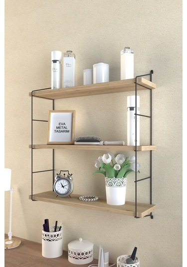 Eva Metal Tasarim Modern Büyük Boy 3 Katlı Duvar Rafı Çam Desenli