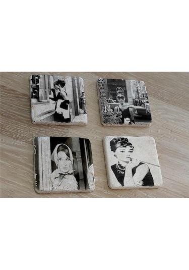 Siyah Beyaz Audrey Hepburn Fotoğrafları Doğal Taş Bardak Altlığı 4'lü Set - Natural Stone Coasters - Taş Beyaz - Siyah