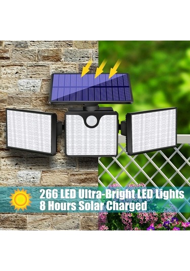 Fortunelane 266 Led 3 Kafa Duvar Lambası, İnsan Algılama + Işık Kontrolü, Ip65 Su Geçirmez Bahçe Aydınlatması, 400lm Güneş Enerji