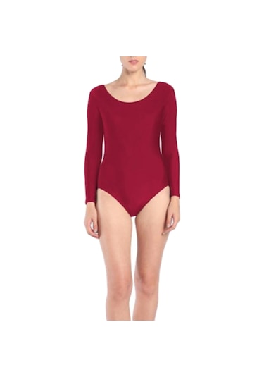Suntek Kadın Jimnastik Mayoları Uzun Kollu Dans Atletik Bodysuit Bordo