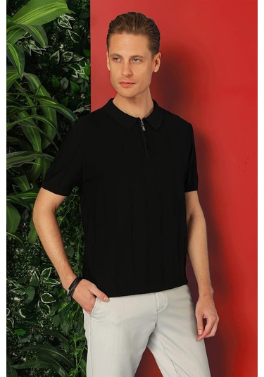Slim Fit Fermuarlı Polo Yaka Kısa Kol Siyah Triko Tr 865 Siyah