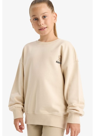 Defacto Kız Çocuk Oversize Geniş Kalıp Bisiklet Yaka Baskılı Sweatshirt E6755a825auer230 Ekru