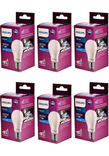 Philips 6 Lı Müthiş Tasarruflu Uzun Ömürlü 100 W Gücünde 8w Tüketim Klasik E27 Duylu Led Ampul Lamba 6 Adet