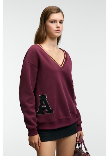 Grımelange Dıvıne Kadın V Yakalı Nakış Ve Patch Detaylı Bordo Sweatshirt Bordo