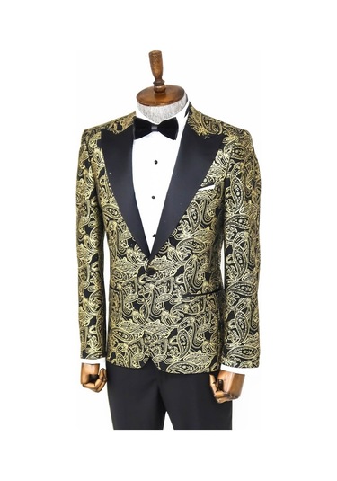 Wessi Desenli Sivri Yakalı Siyah Erkek Smokin Ceketi Siyah