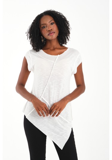 Asimetrik Penye Bluz Beyaz