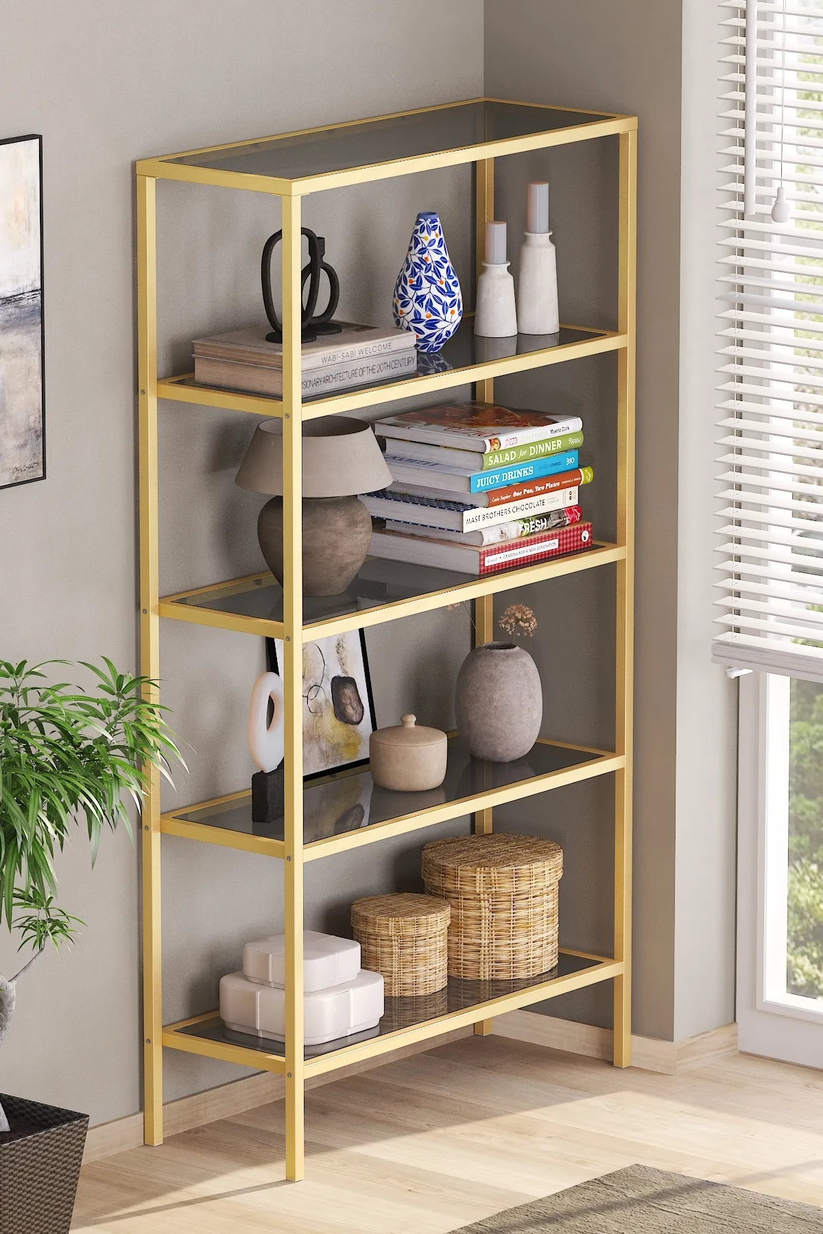 Modern 5 Katlı Metal İskeletli Cam Raflı Aksesuar Rafı Kitaplık Gold-füme