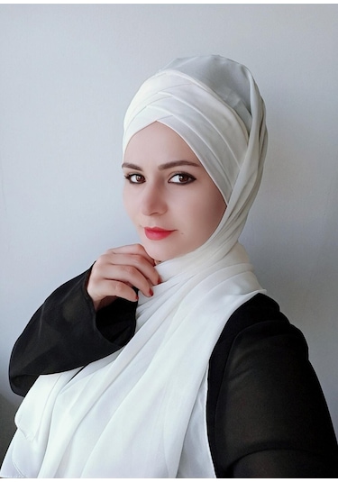 Tesettür Kadın Üç Bantlı Hazır Şal Beyaz