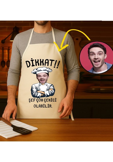 Kişiye Özel Karikatür Fotoğraflı Mutfak Önlüğü Dikkat Şef Çok Çekici Önlük Çok Renkli
