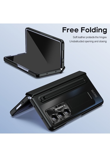 Samsung Galaxy Uyumlu Z Fold7 5g Kılıf Destekli Menteşeli Pc Telefon Kılıfı Temperli Cam Filmi Ve Kalem - Siyah Siyah