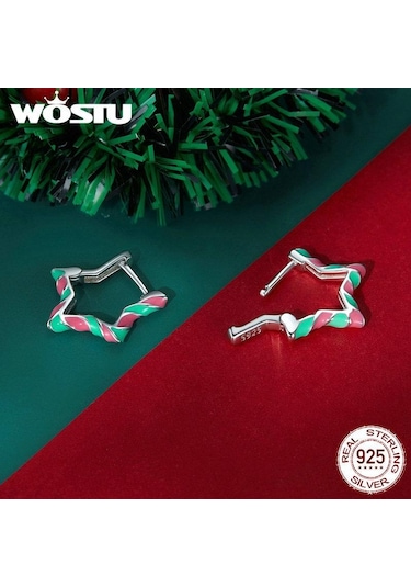 Wostu 925 Ayar Gümüş Yıldız Şekli Kulak Tokaları Renkli Emaye Halka Küpeler Kadınlar İçin Noel Güzel Takı Hediye