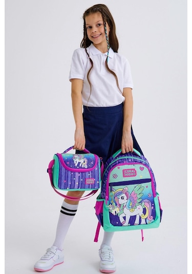 Coral High Kids Mor Su Yeşili Unicorn Desenli Okul Çanta Seti Set0123487