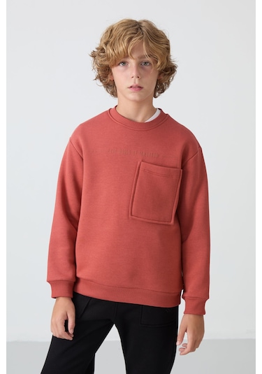 Tommy Life Kiremit-siyah Pamuklu Kalın İçi Tüylü Yumuşak Dokulu Standart Fit Baskılı Erkek Çocuk Eşofman Takım Kiremit