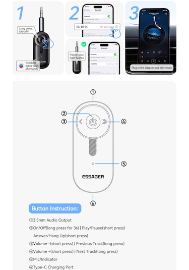 Bt14 Bluetooth 5.3 Araç Kiti 3.5mm Hi-fi Ses Aux Jack Ses Müzik