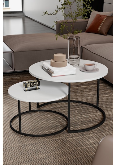 Orta Sehpa Bade İkili Lüx Yan Sehpa Masa Beyaz Beyaz