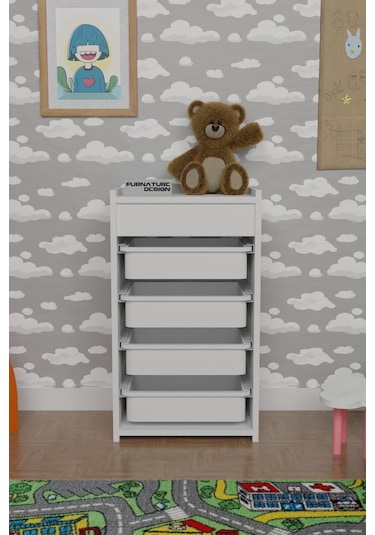 4 Sepetli Oyuncak Dolabı Çok Amaçlı Dolap Beyaz - Beyaz