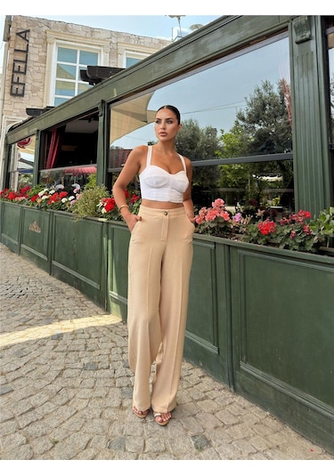 WeShaya Bej Keten Karışımlı Düz Paça Pantolon Bej