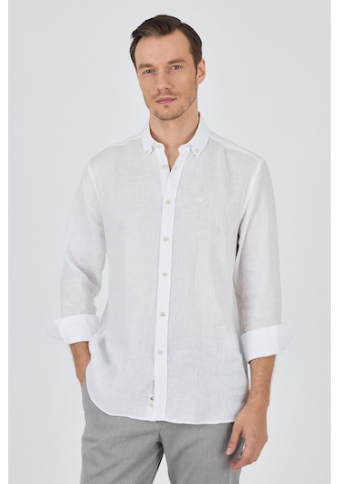 Uzun Kol Düz Keten Düğmeli Yaka Cepsiz Casual Comfort Fit Gömlek 1004250114 Beyaz