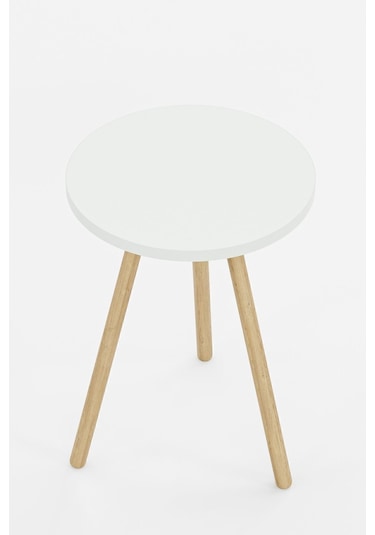 İntergo Yuvarlak Ahşap Ayaklı Tekli Zigon Yan Sehpa Beyaz