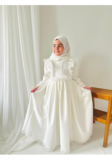 Kız Çocuk Tesettür Elbisesi Merasim Elbisesi,başörtülü Takım 3-12 Yaş Uygun Beyaz