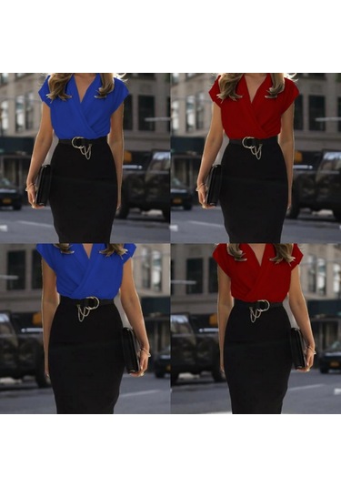 Kadın Kısa Kollu Kruvaze Yaka Krep Elbise Kemersiz Kırmızı