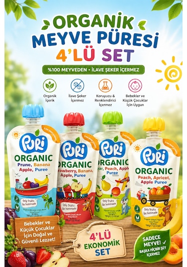 Organic %100 Organik Meyve Püresi 100 G x 4 Karışık Aroma İlave Şekersiz 4'lü Set