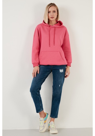 Lela Regular Fit Pamuklu Kapüşonlu Yaka Şardonlu Kışlık Bayan Sweat 5863854 Fuşya